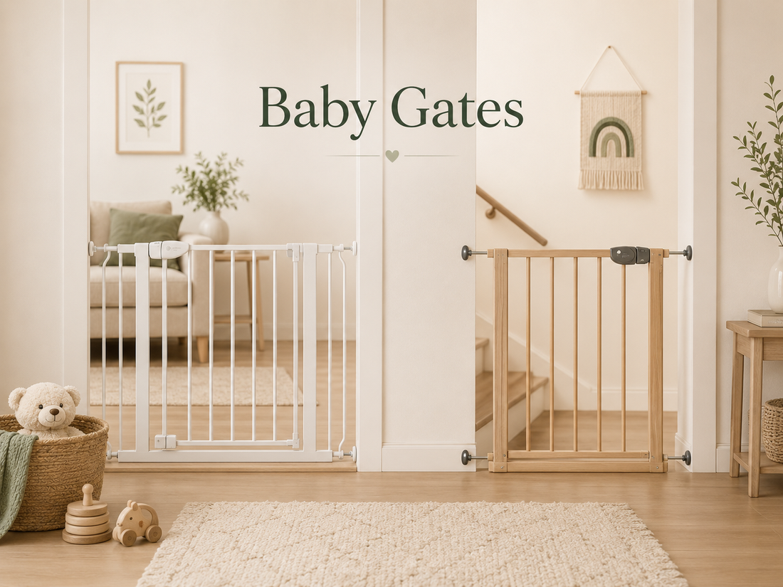 Pressure-mounted and hardware-mounted baby gates for stairs, doorways, and between-room openings