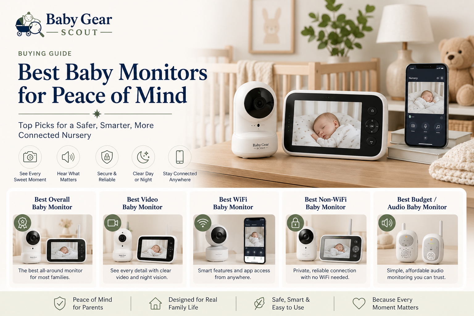 Best baby monitors guide image featuring video baby monitors, WiFi baby monitors, non-WiFi monitors, audio monitors, nursery cameras, parent units, and a modern nursery setup.