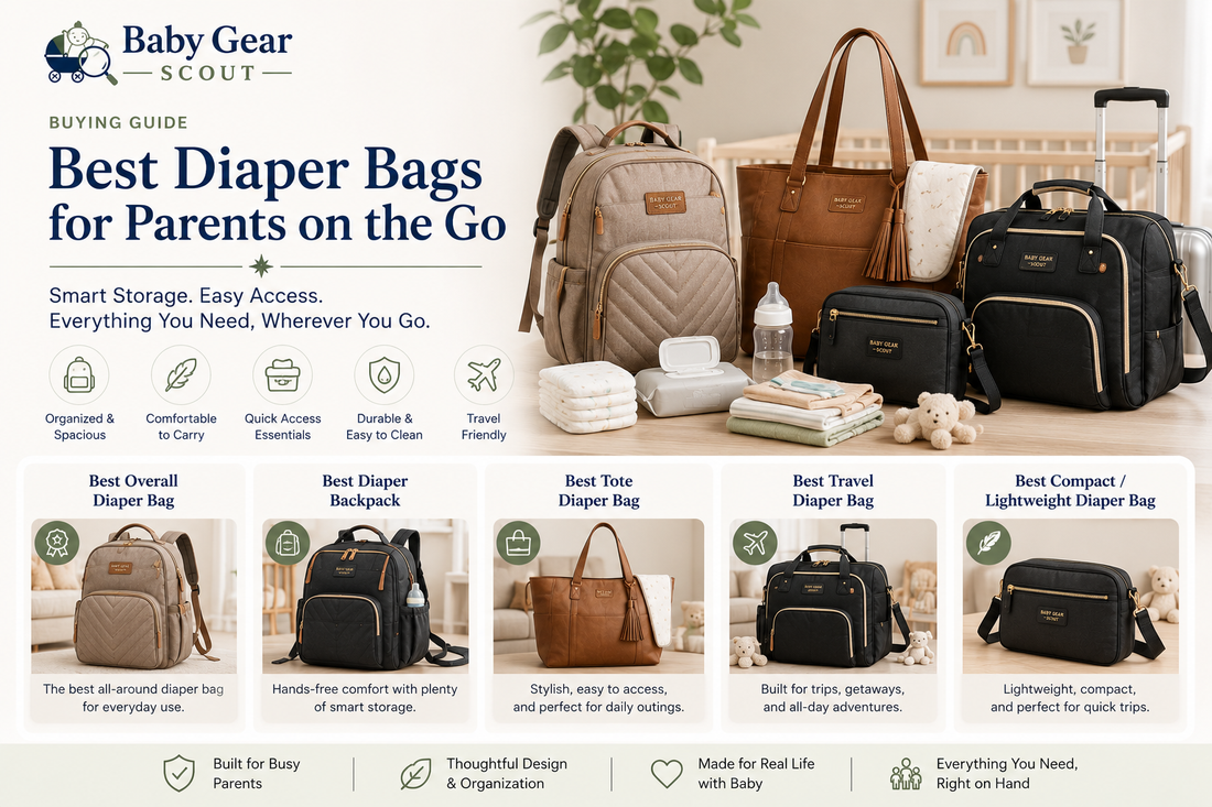 Best diaper bags guide image featuring diaper backpacks, tote diaper bags, travel diaper bags, compact diaper bags, changing pads, bottles, wipes, baby clothes, and parent organization gear in a clean nursery setting.
