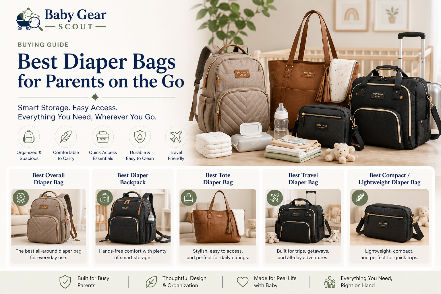 Best diaper bags guide image featuring diaper backpacks, tote diaper bags, travel diaper bags, compact diaper bags, changing pads, bottles, wipes, baby clothes, and parent organization gear in a clean nursery setting.