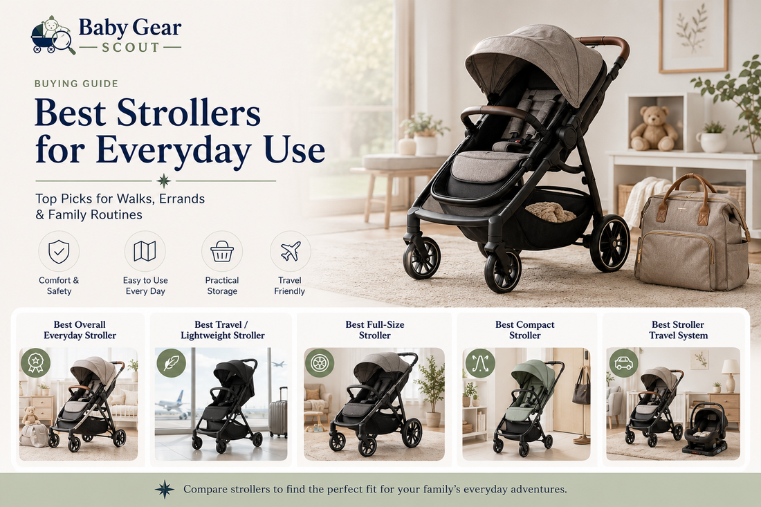 Best strollers for everyday use guide image featuring everyday strollers, travel strollers, lightweight strollers, compact strollers, full-size strollers, and stroller travel systems in a clean family-friendly setting.