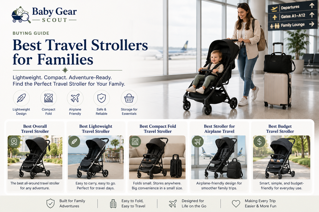 Best travel strollers guide image featuring lightweight travel strollers, compact fold strollers, airplane-friendly strollers, budget travel strollers, and family travel baby gear in a clean airport and nursery-inspired setting.
