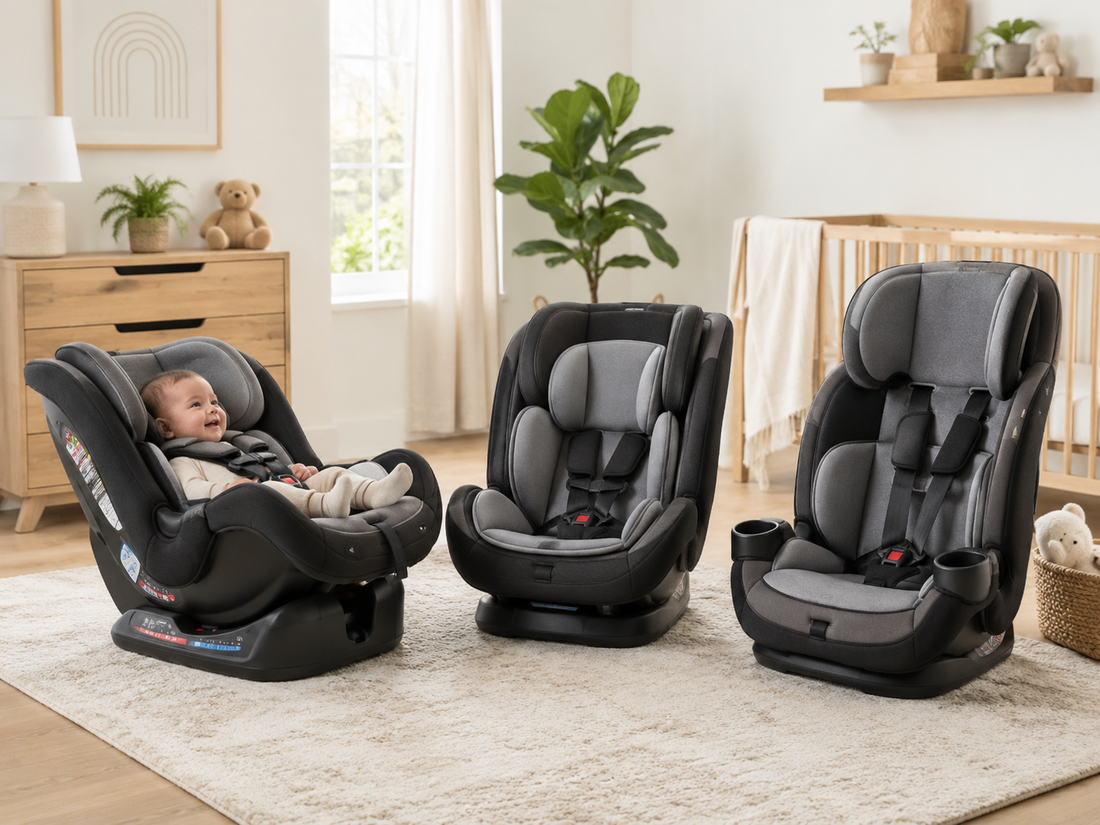 Convertible car seat shown in rear-facing and forward-facing configurations