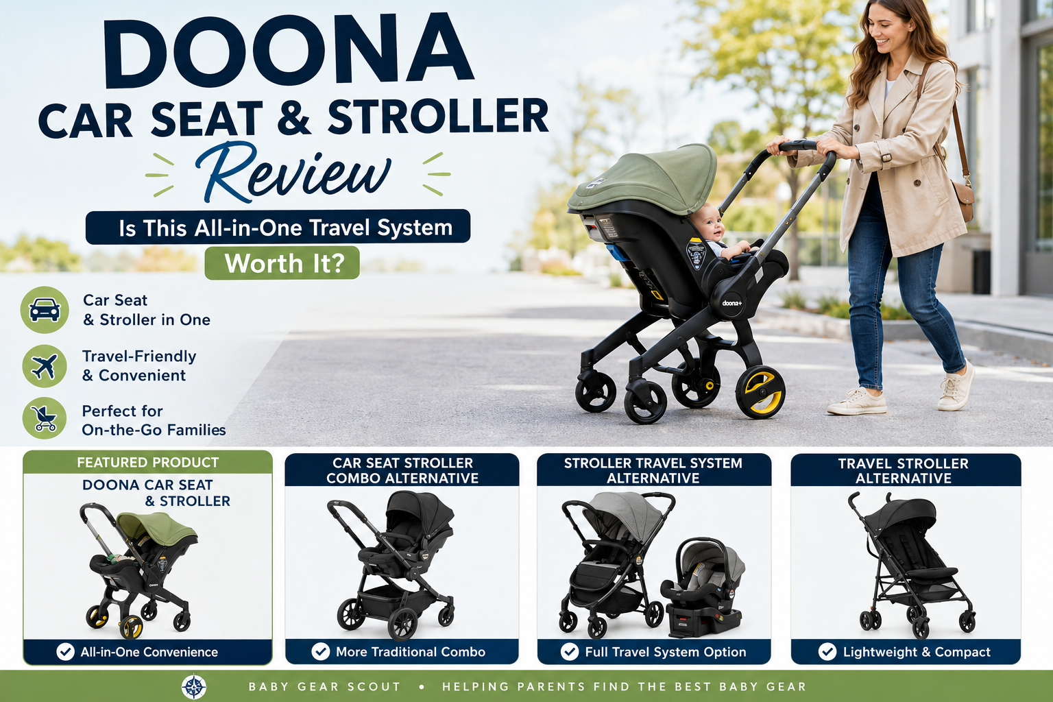 Doona Car Seat and Stroller review image featuring an all-in-one infant car seat stroller combo, travel system setup, compact stroller, car seat alternative, and family travel baby gear.