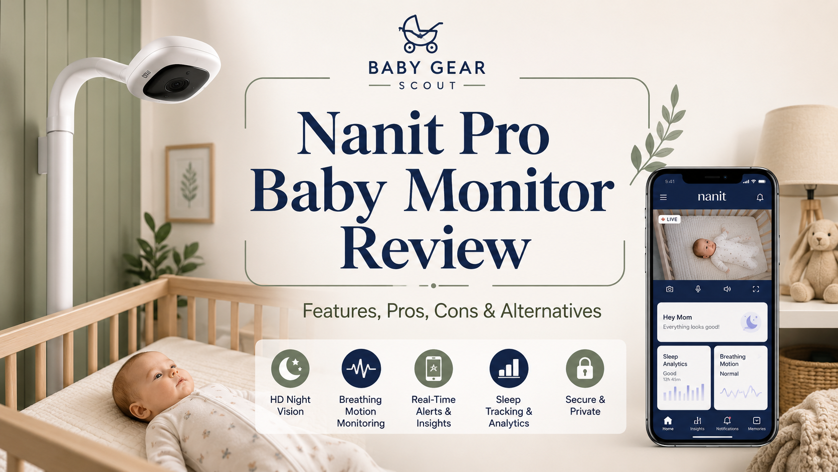 Nanit Pro Baby Monitor review image featuring a modern nursery with a WiFi baby monitor, video nursery camera, parent phone app, crib setup, and alternative baby monitor options.