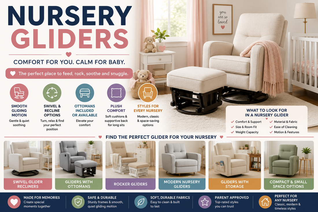Parent comparing nursery gliders, swivel recliners, rocker gliders, ottoman sets, upholstery materials, dimensions, and comfort features for a baby nursery