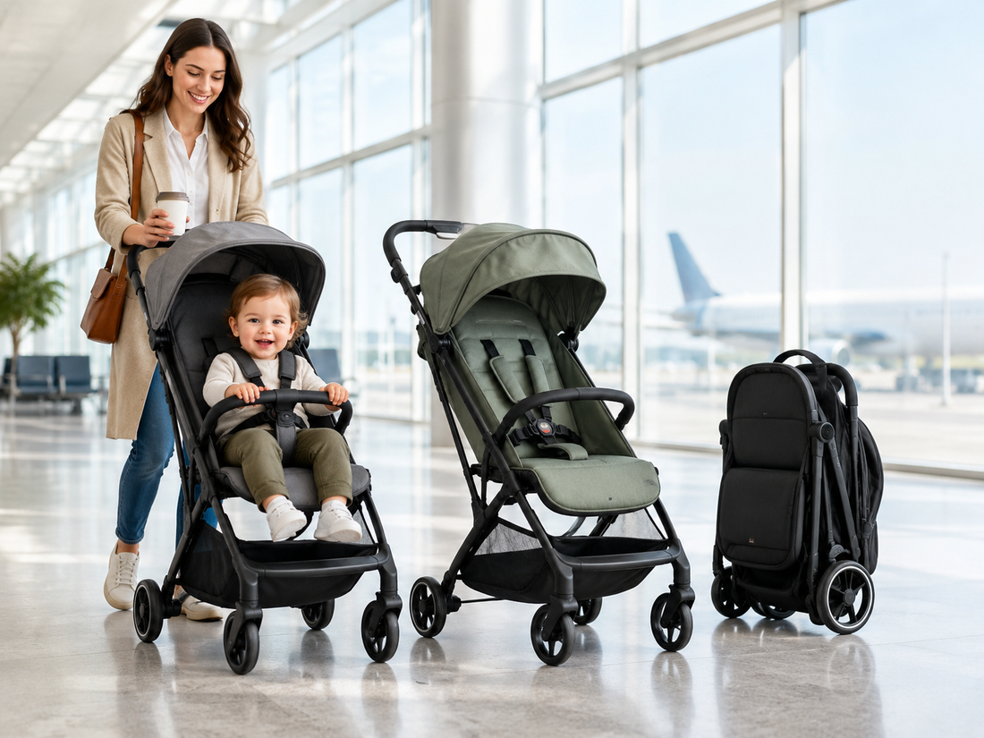 Compact travel stroller folded for airplane cabin storage and gate-check preparation