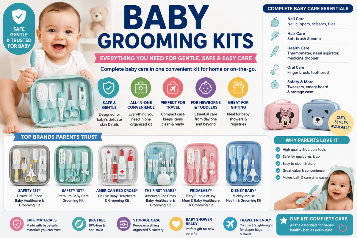 Baby grooming kits collection featuring baby healthcare and grooming kits, baby nail grooming kits, baby toothbrush grooming kits, Safety 1st baby grooming kits, and newborn baby care sets