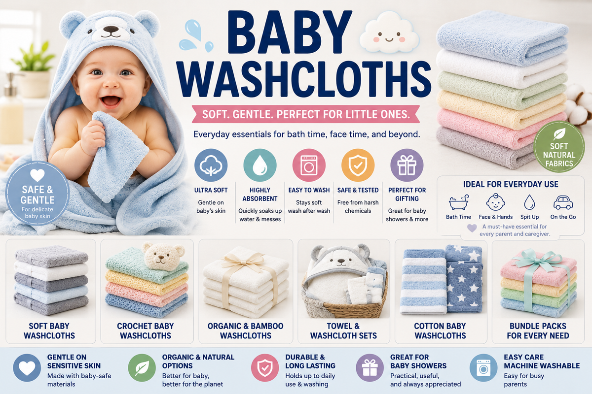 Baby washcloths collection featuring soft baby washcloths, organic baby washcloths, cotton baby washcloths, bamboo baby washcloths, baby towel and washcloth sets, and washcloths for babies