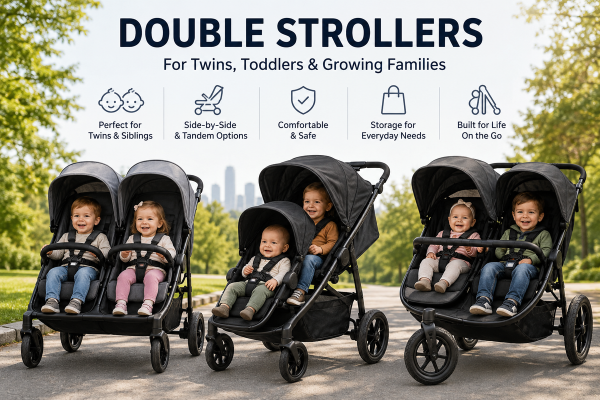 Double strollers collection image featuring side-by-side and tandem strollers for twins, toddlers, siblings, errands, walks, parks, and growing families.