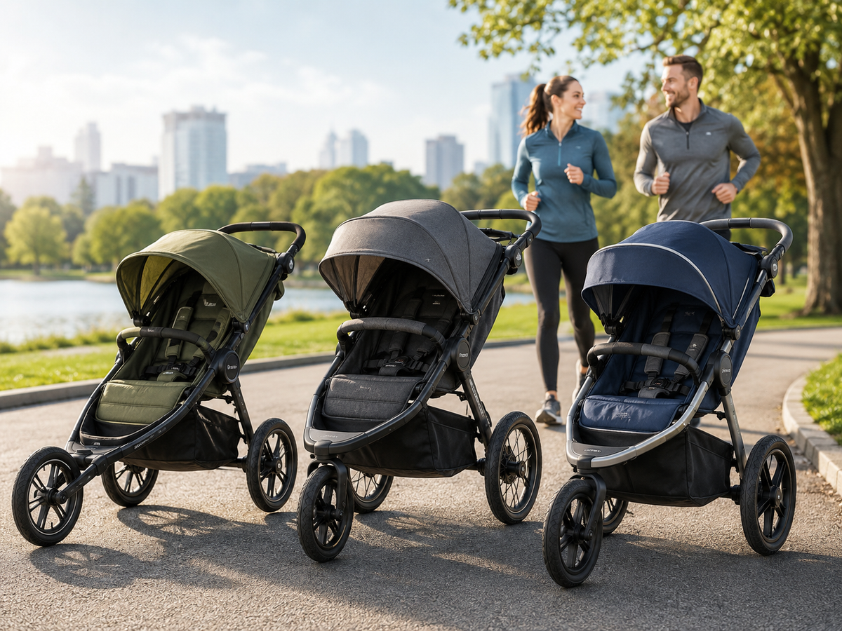 Jogging strollers collection image featuring three-wheel running strollers for active parents, smooth walks, park trails, family outings, and everyday outdoor baby travel.