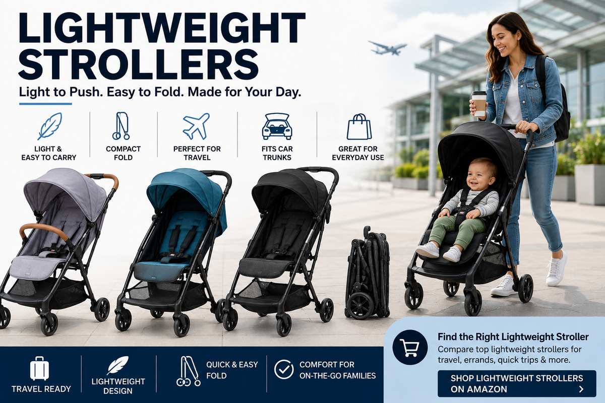 Shop lightweight strollers for travel, errands, compact folding, car trunks, quick outings, airports, walks, and everyday baby gear.