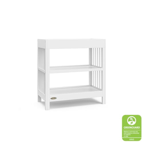 Graco Teddi Changing Table with Water-Resistant Changing Pad (White) - GREENGUARD Gold Certified, Includes Bonus Water-Resistant Changing Pad with Safety Strap, 2 Shelves, Easy-to-Match