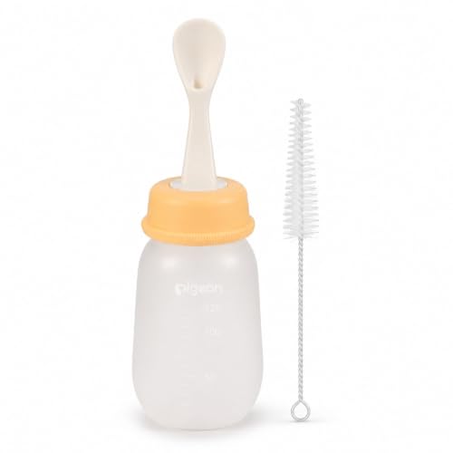 Pigeon Baby Weaning Spoon with Squeeze Bottle, Baby Feeding Dispensing Spoon - Easy Feeding Solution for Babies 6 Months and Up, 4 Oz, with Cleaning Brush