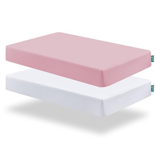Biloban Pack and Play Sheets Fitted, 2 Pack Pack and Play Sheet Fits for Graco Pack n Play Mattress, Neutral Playard Sheets for Baby Boys and Girl, White & Pink