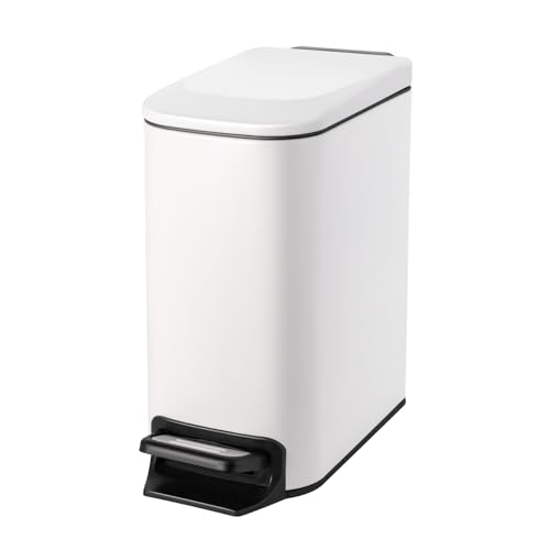 Cesun Small Bathroom Trash Can with Lid Soft Close, Step Pedal, 6 Liter / 1.6 Gallon Stainless Steel Slim Garbage Can for Bedroom, Diaper Waste Basket with Removable Inner Bucket (White)
