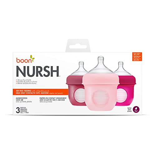 Boon Nursh Bottles - Slow Flow - Silicone Baby Bottles Help Ease Colic Symptoms - Formula and Breast Milk Only Touch Platinum Food-Safe Silicone - Pink - 0-3 Months - 3 Count - 4 Ounce