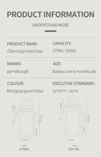 Oberni Baby Bottles, Weighted Straw Toddler Milk Bottles with Non-Slip Handle, Size + Variable Fast Flow, 12+ Months, BPA-Free, Blue/2Pack/9oz