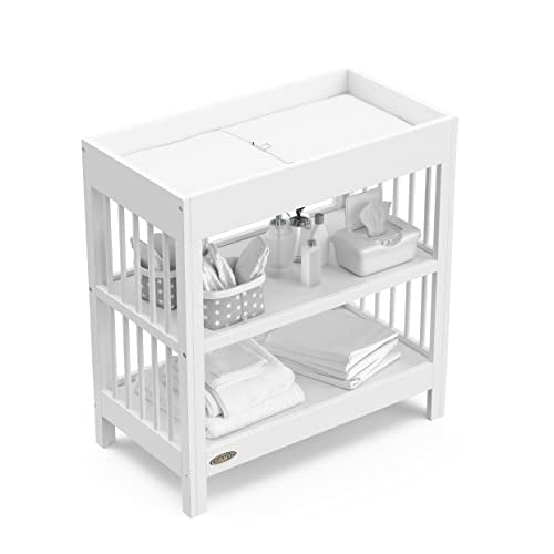 Graco Teddi Changing Table with Water-Resistant Changing Pad (White) - GREENGUARD Gold Certified, Includes Bonus Water-Resistant Changing Pad with Safety Strap, 2 Shelves, Easy-to-Match