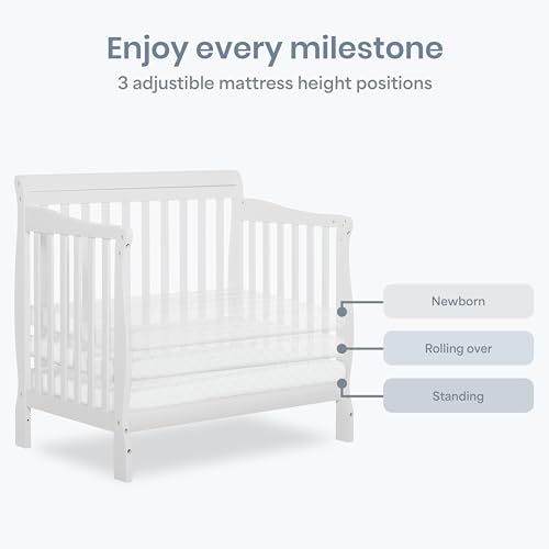 Dream On Me Aden 4-in-1 Convertible Mini Baby Crib, GREENGUARD Gold & BSA Certified, Sustainable Pinewood, Non-Toxic Finish, 3 Mattress Heights, Converts to Mini Day & Twin-Size Bed - White