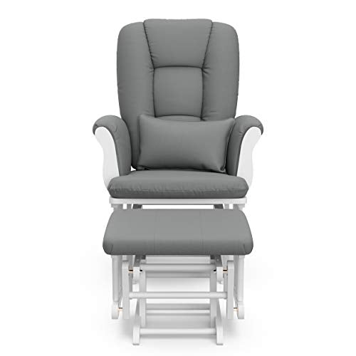 Storkcraft Tuscany Custom Glider and Ottoman with Free Lumbar Pillow (White/Grey) - Cleanable Upholstered Comfort Rocking Nursery Chair with Ottoman