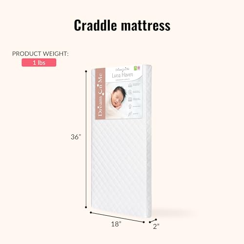 Dream On Me Luna Haven 2" Cradle Mattress – Lightweight Firm Polyester Fiber Core, Waterproof & Easy-Clean, Stain & Odor Resistant, Greenguard Gold and BSA Certified (36" L x 18" W x 2" H)
