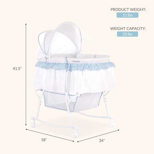 Dream On Me Lacy Portable 2-in-1 Bassinet & Cradle with Full Canopy, Storage Basket, Locking Wheels, Lightweight Frame, BSA Certified, Includes 1” Mattress Pad-Pink an White