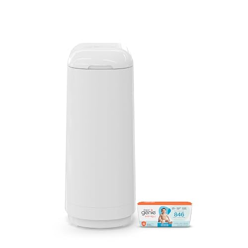 Diaper Genie Essence Pail, White with 18 Easy Roll Refill Bags