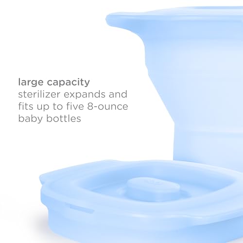 Ubbi 3-in-1 Collapsible Microwave Wash Bin, Baby Bottle Sterilizer & Veggie Steamer, Reusable Silicone Steam Bag for Travel or Home Use, Fits Up to 5 Baby Bottles, Dishwasher Safe, Blue