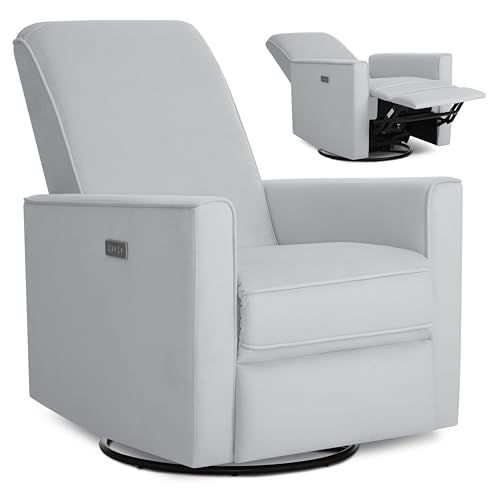 Evolur Harlow Upholstered Power Glider Recliner with USB Charging – Rocking & 275° Swivel with Smooth Glide – Greenguard Gold & FSC Certified – Modern Nursery and Living Room Chair in Grey