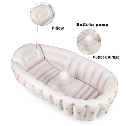 PandaEar Inflatable Baby Bathtub with Integrated Built-in Air Pump - No External Pump Needed, Non-Slip Portable Toddler Bath Tub, Travel-Friendly Foldable Infant Tub for Newborns to 24 Months（Bears）