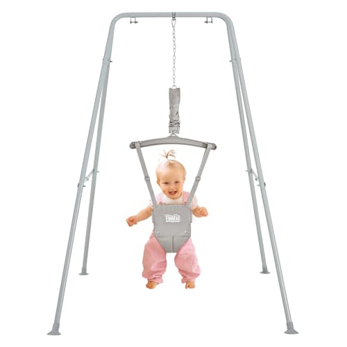 FUNLIO Baby Jumper with Stand for 6-24 Months, Infant Jumper for Indoor/Outdoor Play, Toddler Jumper for Baby Girl/Boy, with Adjustable Chain, Easy to Assemble & Store (with Stand) - Grey