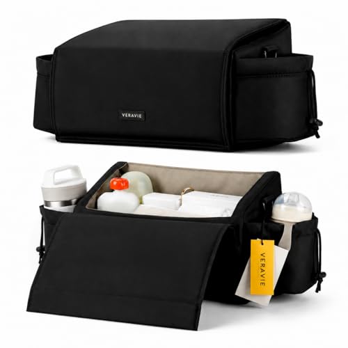 VERAVIE Single & Double Stroller Caddy Organizer Storage Bag, Cup Holders