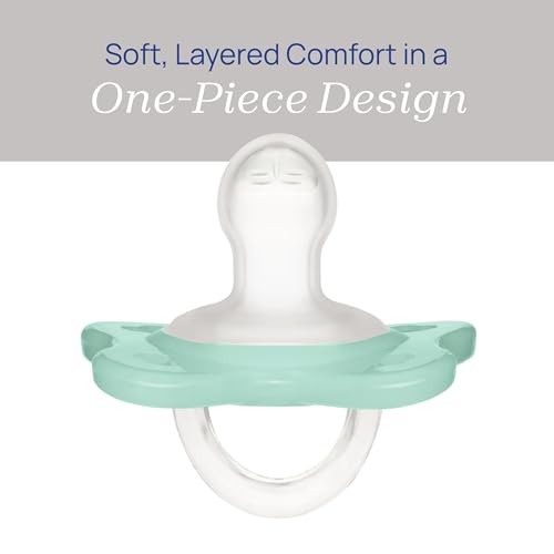 Chicco PhysioForma Dual Soft Orthodontic Pacifier for Babies 0-2 Months, 100% Soft Silicone, Supports Breathing, One-Piece Design, Included Sterilizing Case, BPA Free, 2-Pack, Seafoam