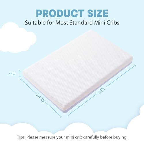Vomiliku Mini Crib Mattress - 38x24x4 Inch Dual Sided Memory Foam Baby Mattress with Breathable Removable Cover - Fits Most Mini and Portable Cribs