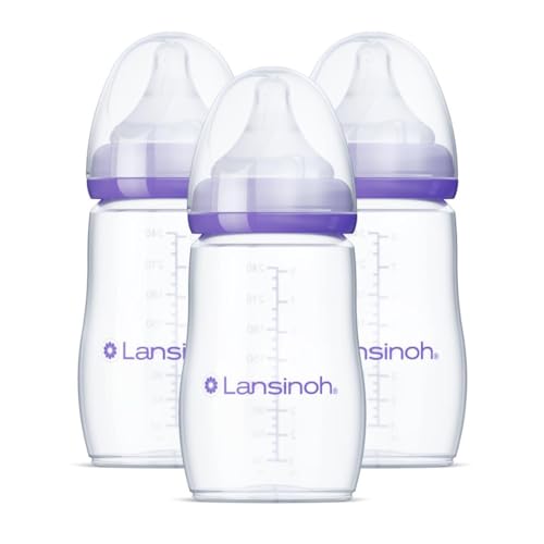Lansinoh Anti-Colic Baby Bottles, BPA-Free Plastic, 8 Ounces, 3 Count, Medium Flow Nipples (Size M), Breastfeeding Bottle with NaturalWave Design, Baby Essentials