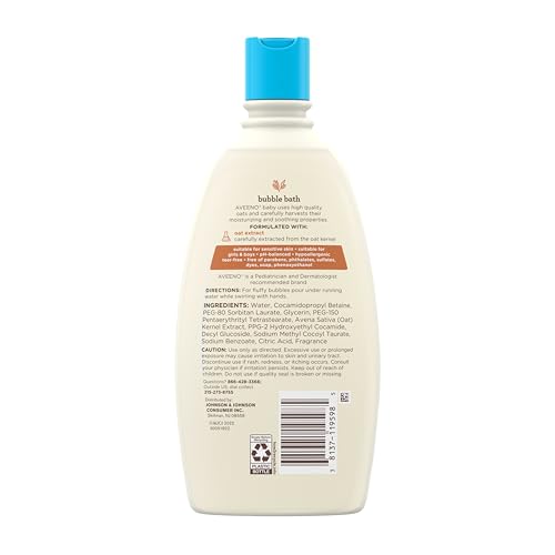 Aveeno Baby Sensitive Skin Bubble Bath with Oat Extract, Gently Cleanses and Leaves Skin Feeling Hydrated, Tear-Free Formula, Hypoallergenic, Paraben-, Phthalate-, Soap- & Dye-Free, 19.2 fl. Oz