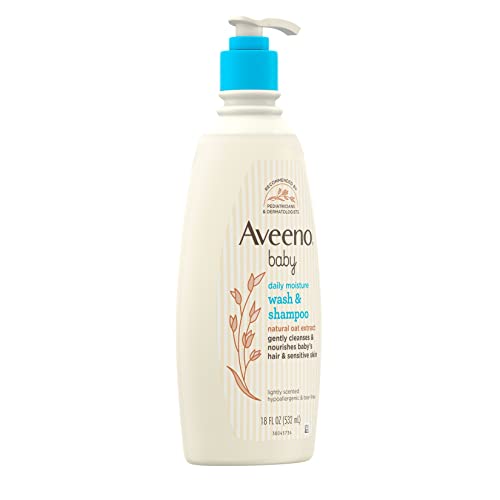 Aveeno Baby Daily Moisture Gentle Body Wash & Shampoo with Oat Extract, 2-in-1 Baby Bath Wash & Hair Shampoo, Tear- & Paraben-Free for Hair & Sensitive Skin, Lightly Scented, 18 fl. oz