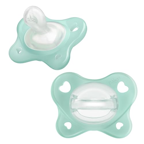 Chicco PhysioForma Dual Soft Orthodontic Pacifier for Babies 0-2 Months, 100% Soft Silicone, Supports Breathing, One-Piece Design, Included Sterilizing Case, BPA Free, 2-Pack, Seafoam
