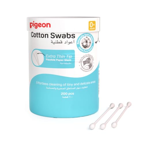 Pigeon Cotton Swabs, Flexible and Soft Paper Stem, 100% Soft Cotton Tips, Thin & Hinged, 200 Pieces, White
