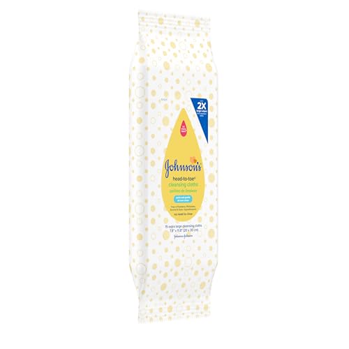 Johnson's Baby Head-to-Toe Gentle Cleansing Cloths, No Rinse, Disposable Pre-Moistened Baby Bath Wipes, Hypoallergenic Newborn Essentials, Head-to-toe Wipes, Paraben-Free 15 ct