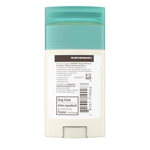 Aveeno Kids Continuous Protection Zinc Oxide Mineral Sunscreen Stick for Sensitive Skin, Face & Body Sunscreen Stick for Kids with Broad Spectrum SPF 50, Sweat- & Water-Resistant, 1.5 oz
