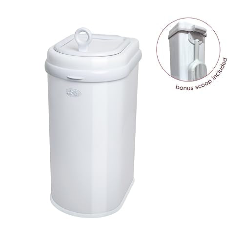 Ubbi Pet Waste Pail, Odor-Locking Cat Litter Disposal System, Stainless Steel Pet Waste Can with Safety Lock & Scoop, No Special Bags Required, White