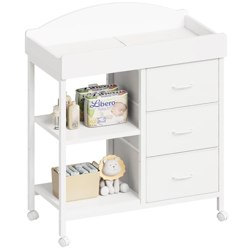 YeTom Changing Table Dresser, Baby Dresser with 3 Fabric Drawers and 2 Shelves, Multi-Functional Baby Changing Table with Pad, Classic Nursery Dresser, Diaper Changing Station for Nursery, White