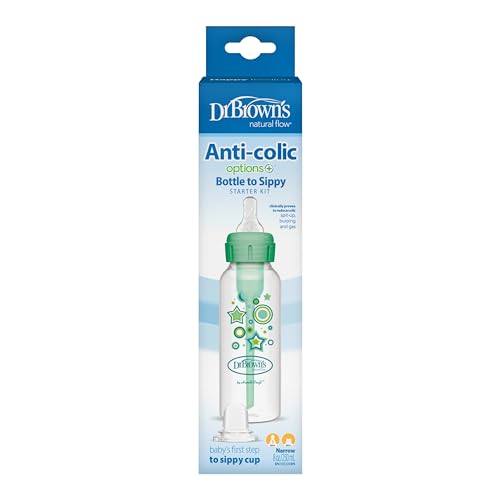 Dr. Brown's Anti-Colic Options+ Narrow Sippy Bottle Starter Kit, 8oz/250mL, with Level 3 Medium-Fast Flow Nipple and Soft 100% Silicone Sippy Spout, Green, BPA Free, 6m+