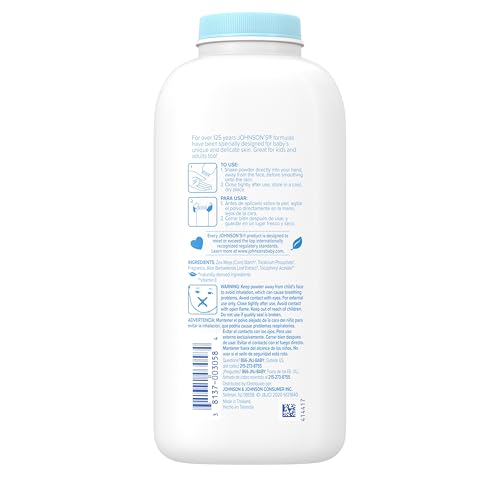Johnson's Baby Powder with Naturally Derived Cornstarch, Aloe & Vitamin E for Delicate Skin, Hypoallergenic, Free of Parabens, Phthalates & Dyes for Gentle Baby Skin Care, 15 oz