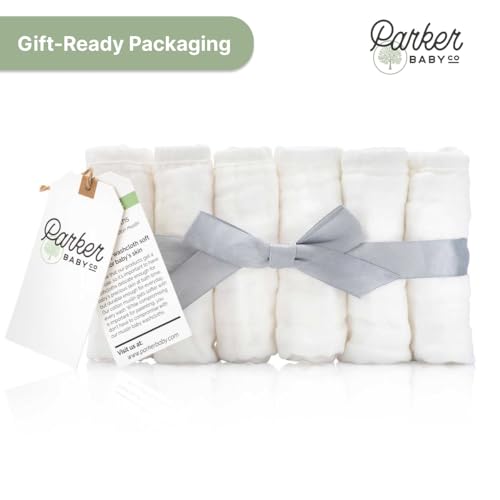Parker Baby Washcloths - 6 Pack of 100% Cotton Muslin Wash Cloths - Soft, Absorbent and Natural - White