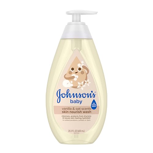 Johnson's Skin Nourishing Moisture Baby Wash, Vanilla & Oat Scents, Tear-Free, Hypoallergenic Baby Body Wash Cleanses, Protects from Dryness, & Leaves Skin Feeling Hydrated, 20.3 fl. oz