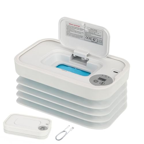 Wet Wipes Warmer, Wipe Warmer Cordless with 3 Adjustable Temperature, Foldable Portable USB Wipe Heater and Dispenser, Digital Display Space Saving Wipe Warmer with Lid for Home Outdoor Travel (White)