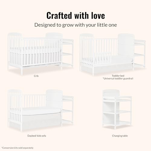 Dream On Me Anna 3-in-1 Convertible Full-Size Baby Crib & Changer with Storage in White, GreenGuard Gold & BSA, Pinewood, Converts to Day & Toddler Bed, 3 Mattress Heights, 1″ Changing Pad